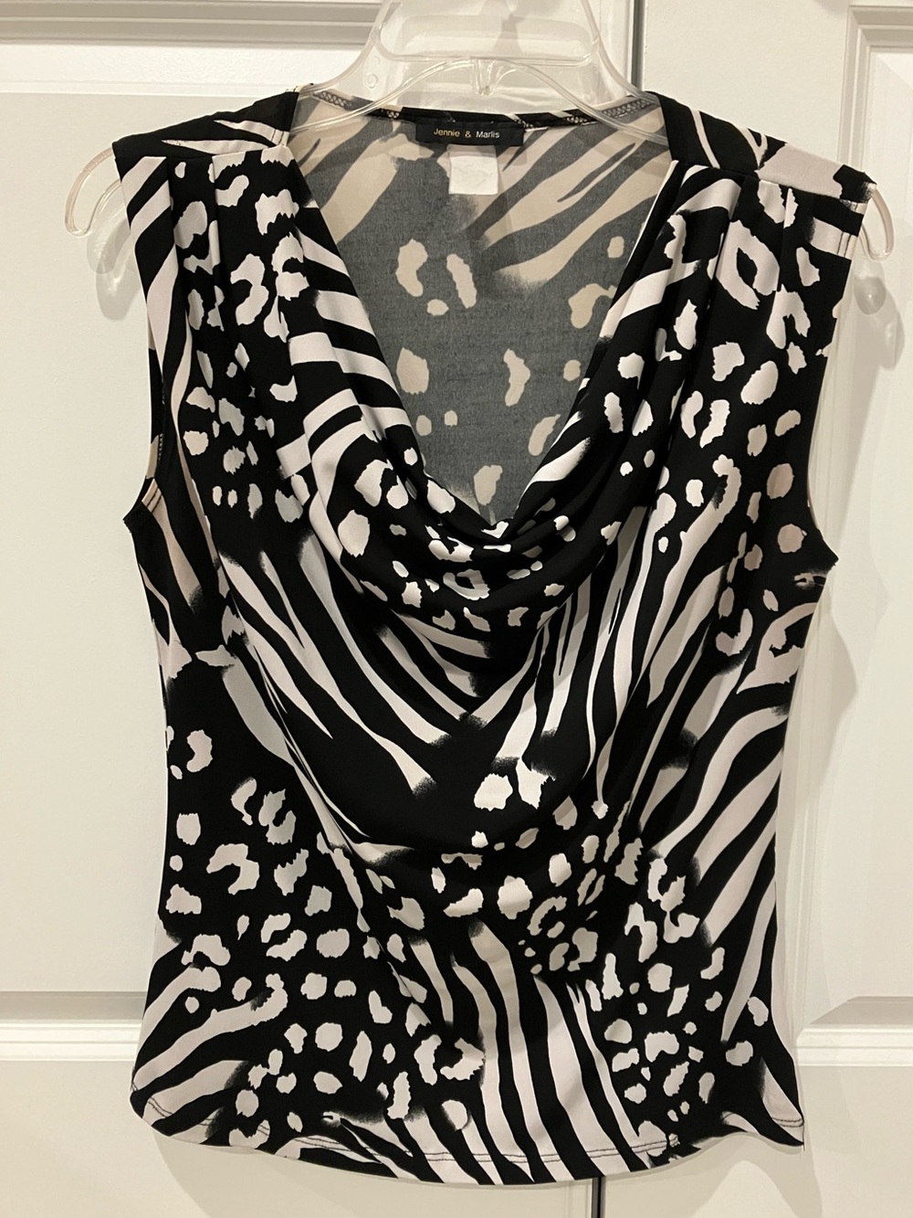 Jennie & Marlis Black White Abstract Animal Print Cowl Neck Sleeveless Top